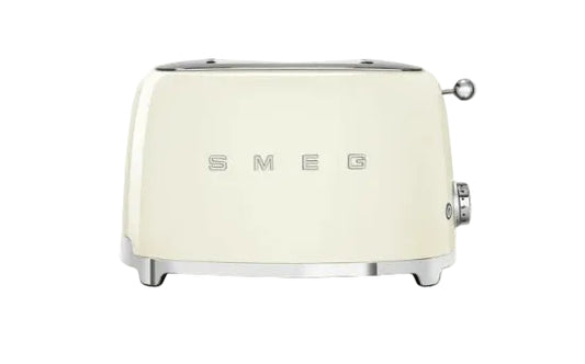 Cream-colored toaster with 'Smeg' branding on a white background