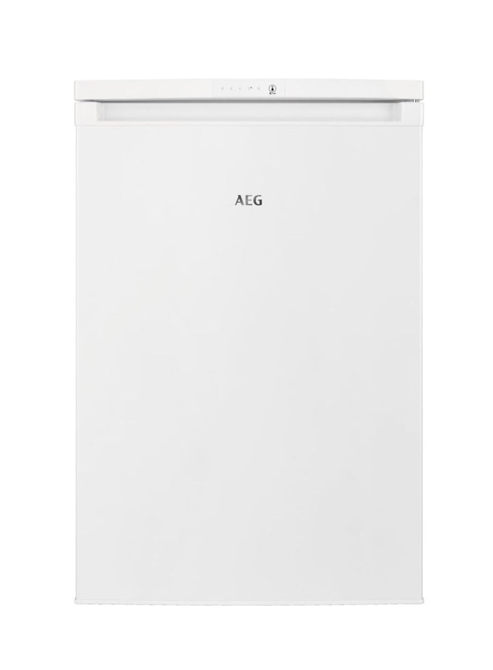 White refrigerator with AEG logo on a white background