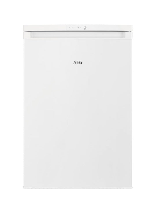 White refrigerator with AEG logo on a white background