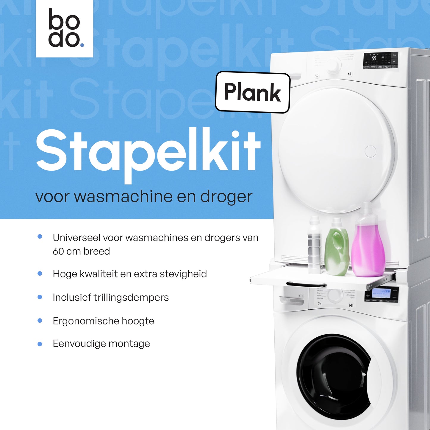 Bodo® Stapelkit - Uitschuifbare plank - Wasmachine en Droger - Universeel - Wit