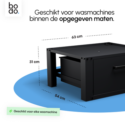 Bodo® - Wasmachine Verhoger - Wasmachine Verhoger Met Opberglade - Wasmachine opbouwmeubel - Wasmachine Sokkel - Universeel - Zwart