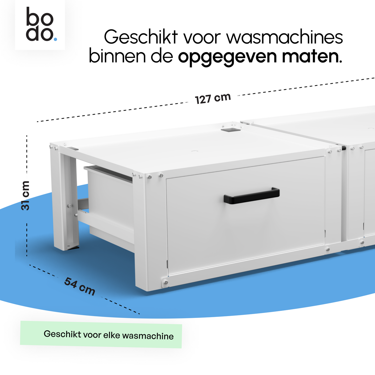 Bodo® - Wasmachine Verhoger - Dubbele Wasmachine Verhoger Met Opberglade - Wasmachine opbouwmeubel - Wasmachine Sokkel - Universeel - Wit