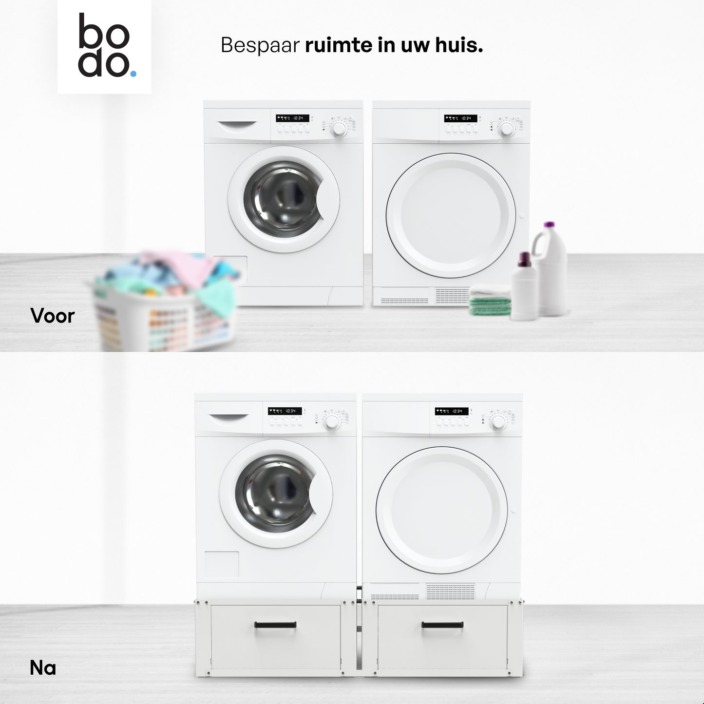 Bodo® - Wasmachine Verhoger - Dubbele Wasmachine Verhoger Met Opberglade - Wasmachine opbouwmeubel - Wasmachine Sokkel - Universeel - Wit