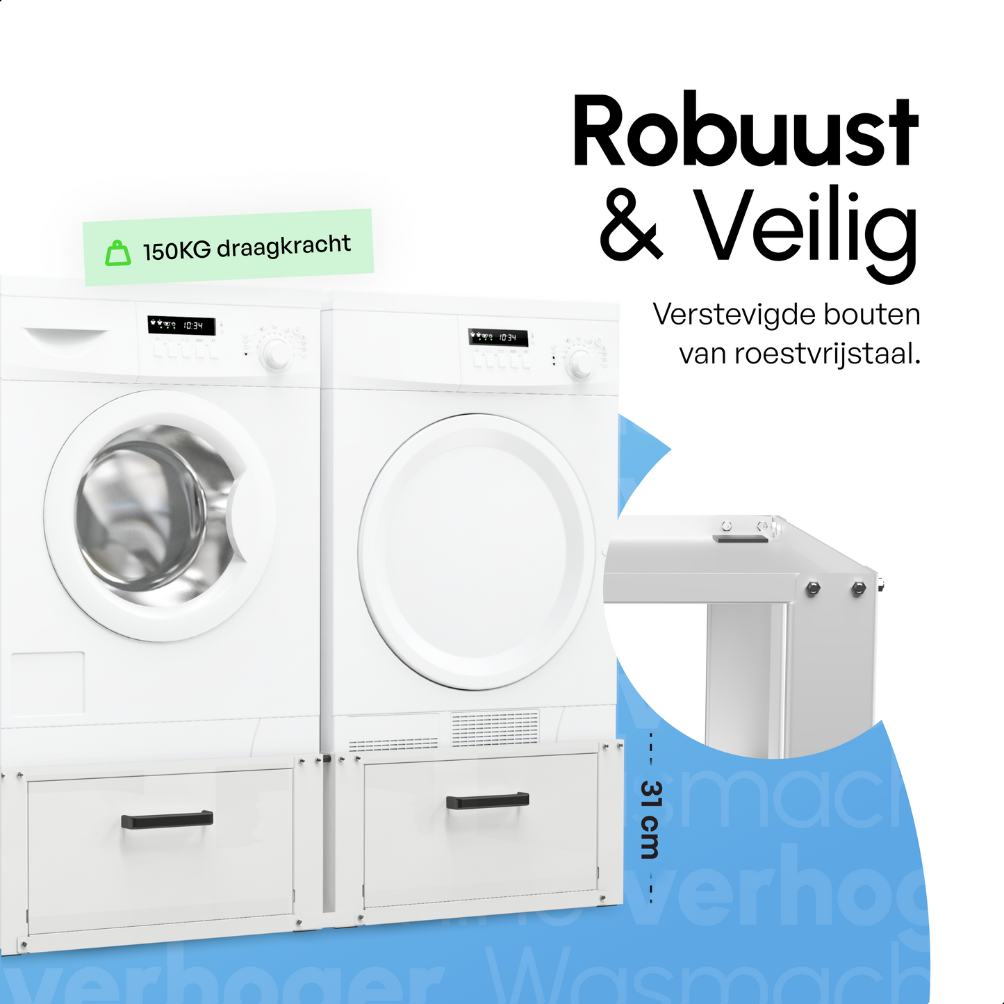 Bodo® - Wasmachine Verhoger - Dubbele Wasmachine Verhoger Met Opberglade - Wasmachine opbouwmeubel - Wasmachine Sokkel - Universeel - Wit