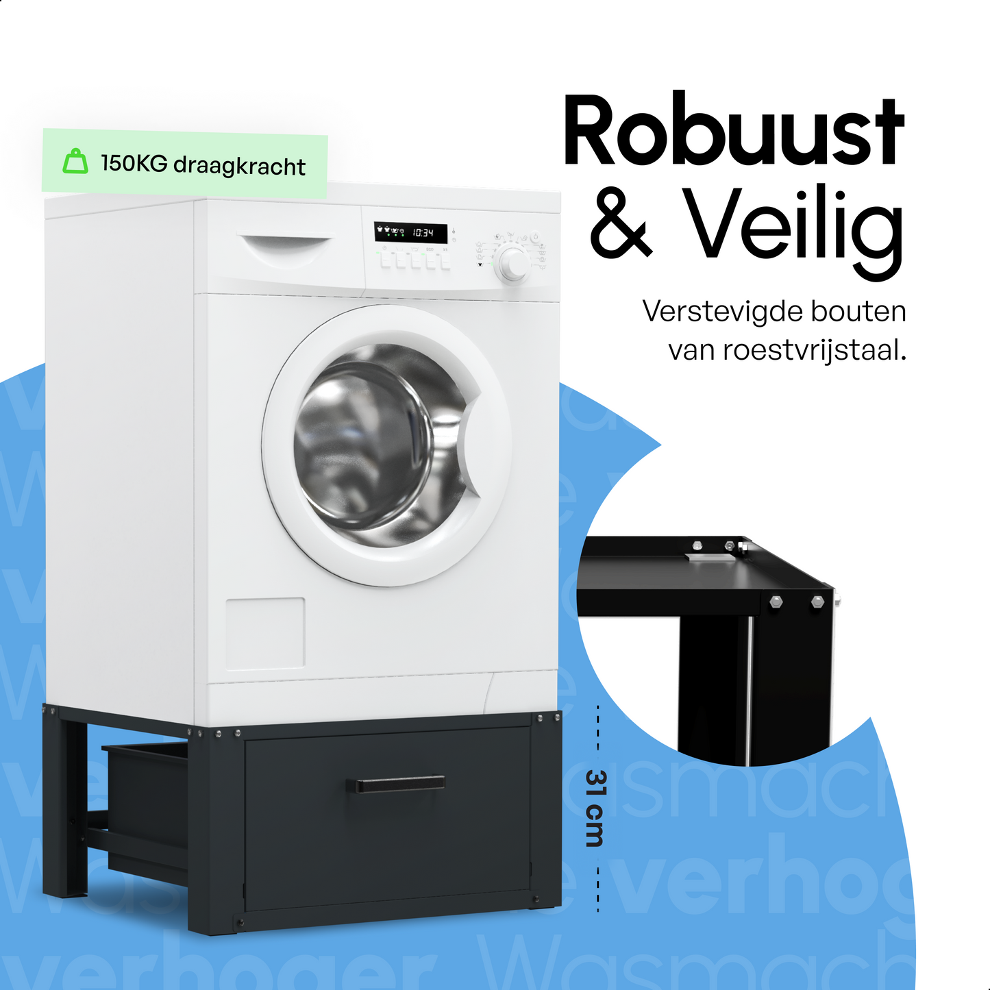 Bodo® - Wasmachine Verhoger - Wasmachine Verhoger Met Opberglade - Wasmachine opbouwmeubel - Wasmachine Sokkel - Universeel - Zwart