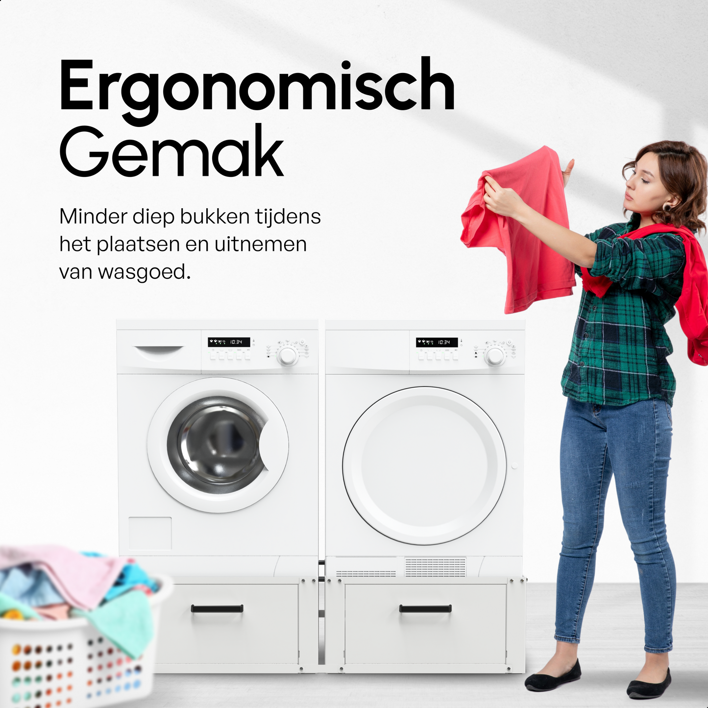 Bodo® - Wasmachine Verhoger - Dubbele Wasmachine Verhoger Met Opberglade - Wasmachine opbouwmeubel - Wasmachine Sokkel - Universeel - Wit