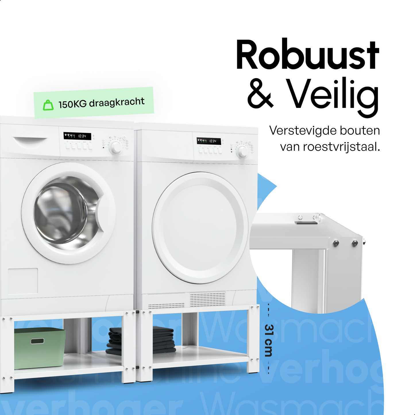 Bodo® - Wasmachine Verhoger - Dubbele Wasmachine Verhoger Met Legplank - Wasmachine opbouwmeubel - Wasmachine Sokkel - Universeel - Wit