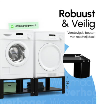 Bodo® - Wasmachine Verhoger - Dubbele Wasmachine Verhoger Met Legplank - Wasmachine opbouwmeubel - Wasmachine Sokkel - Universeel - Zwart