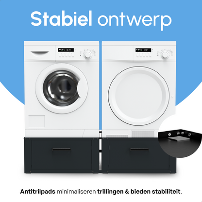 Bodo® - Wasmachine Verhoger - Dubbele Wasmachine Verhoger Met Opberglade - Wasmachine opbouwmeubel - Wasmachine Sokkel - Universeel - Zwart