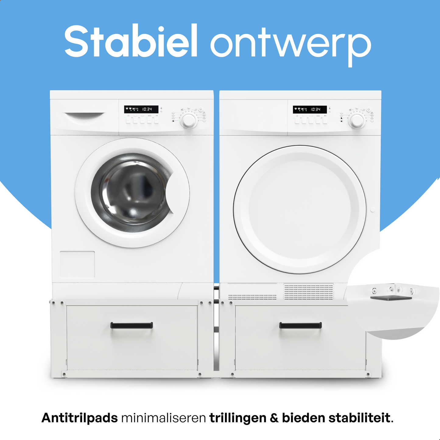 Bodo® - Wasmachine Verhoger - Dubbele Wasmachine Verhoger Met Opberglade - Wasmachine opbouwmeubel - Wasmachine Sokkel - Universeel - Wit