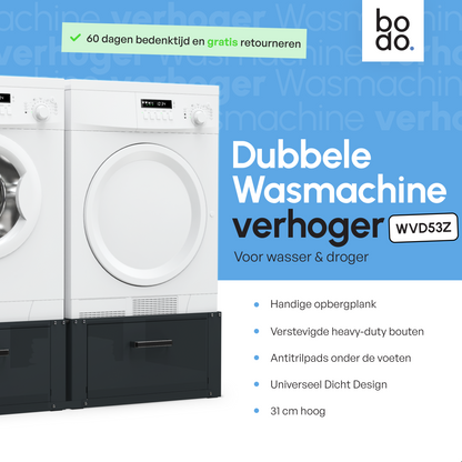Bodo® - Wasmachine Verhoger - Dubbele Wasmachine Verhoger Met Opberglade - Wasmachine opbouwmeubel - Wasmachine Sokkel - Universeel - Zwart
