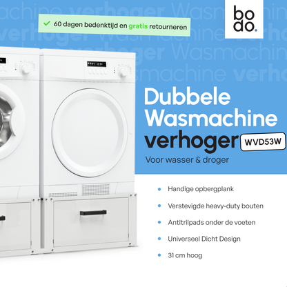 Bodo® - Wasmachine Verhoger - Dubbele Wasmachine Verhoger Met Opberglade - Wasmachine opbouwmeubel - Wasmachine Sokkel - Universeel - Wit