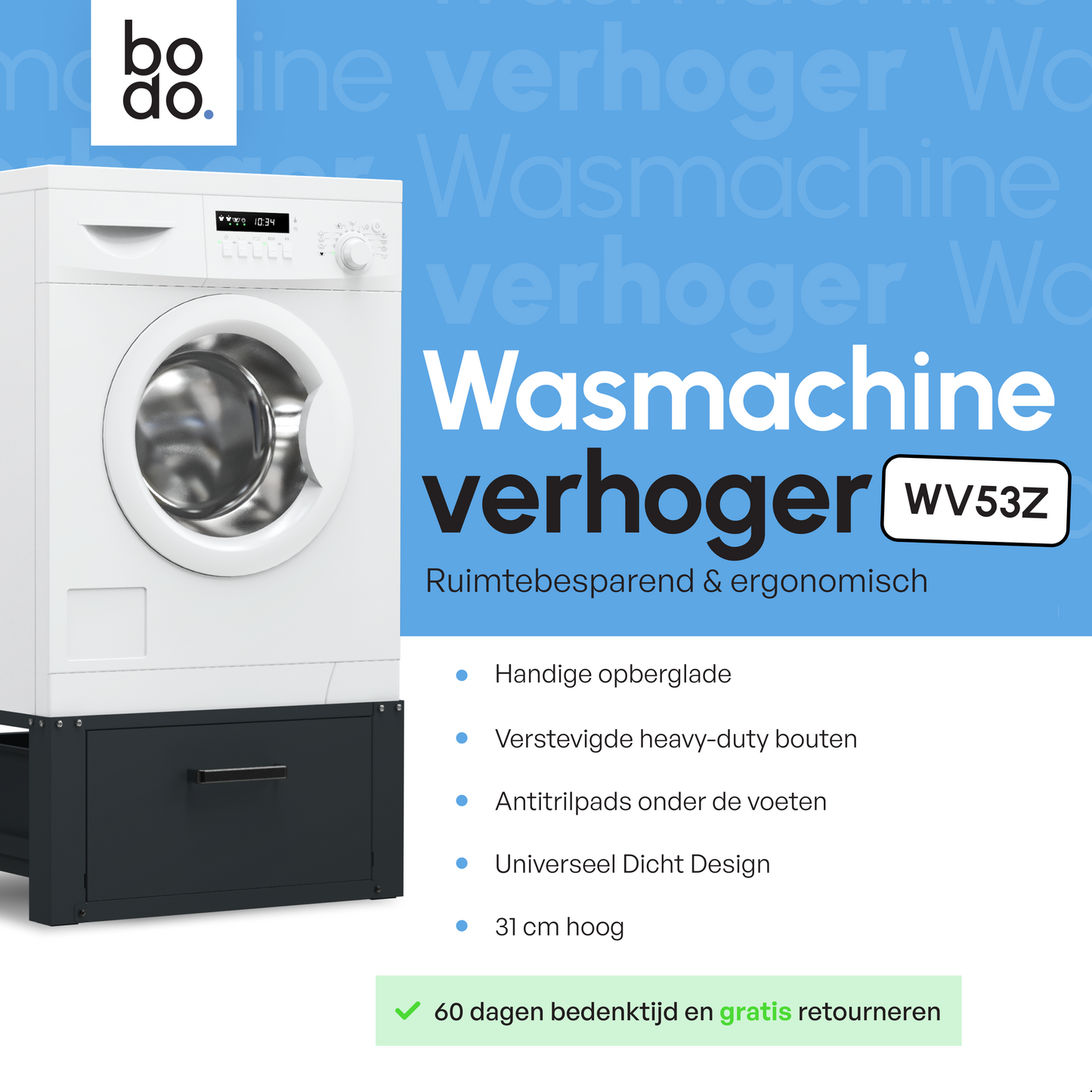 Bodo® - Wasmachine Verhoger - Wasmachine Verhoger Met Opberglade - Wasmachine opbouwmeubel - Wasmachine Sokkel - Universeel - Zwart