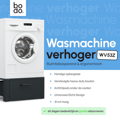 Bodo® - Wasmachine Verhoger - Wasmachine Verhoger Met Opberglade - Wasmachine opbouwmeubel - Wasmachine Sokkel - Universeel - Zwart