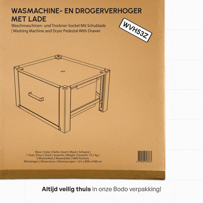 Bodo® - Wasmachine Verhoger met Opberglade - Zwart - 61x58x48 cm